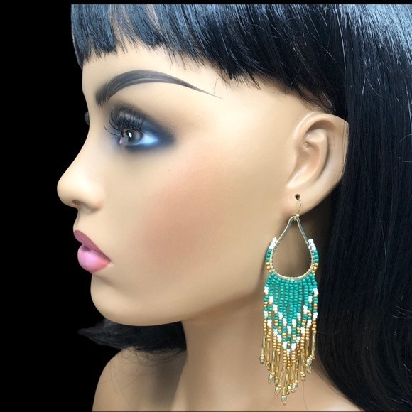 Green White Gold Seed Bead Long Tassel Handmade Statement Dangle Earrings - Picture 3 of 3